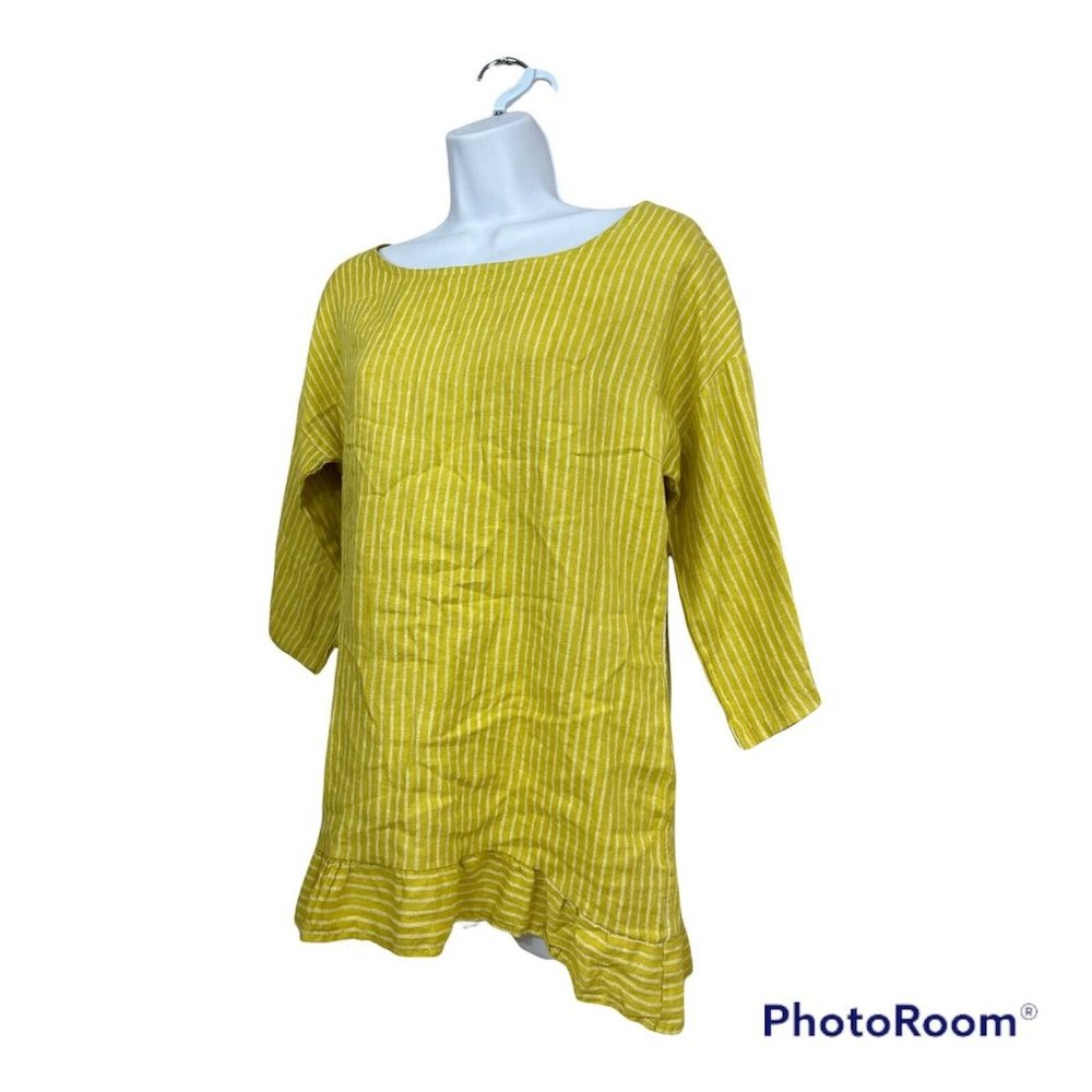 NWT Italian Linen Top Tunic Small Yellow Stripes Lagenlook Boho Resort Vacation - Picture 2 of 8